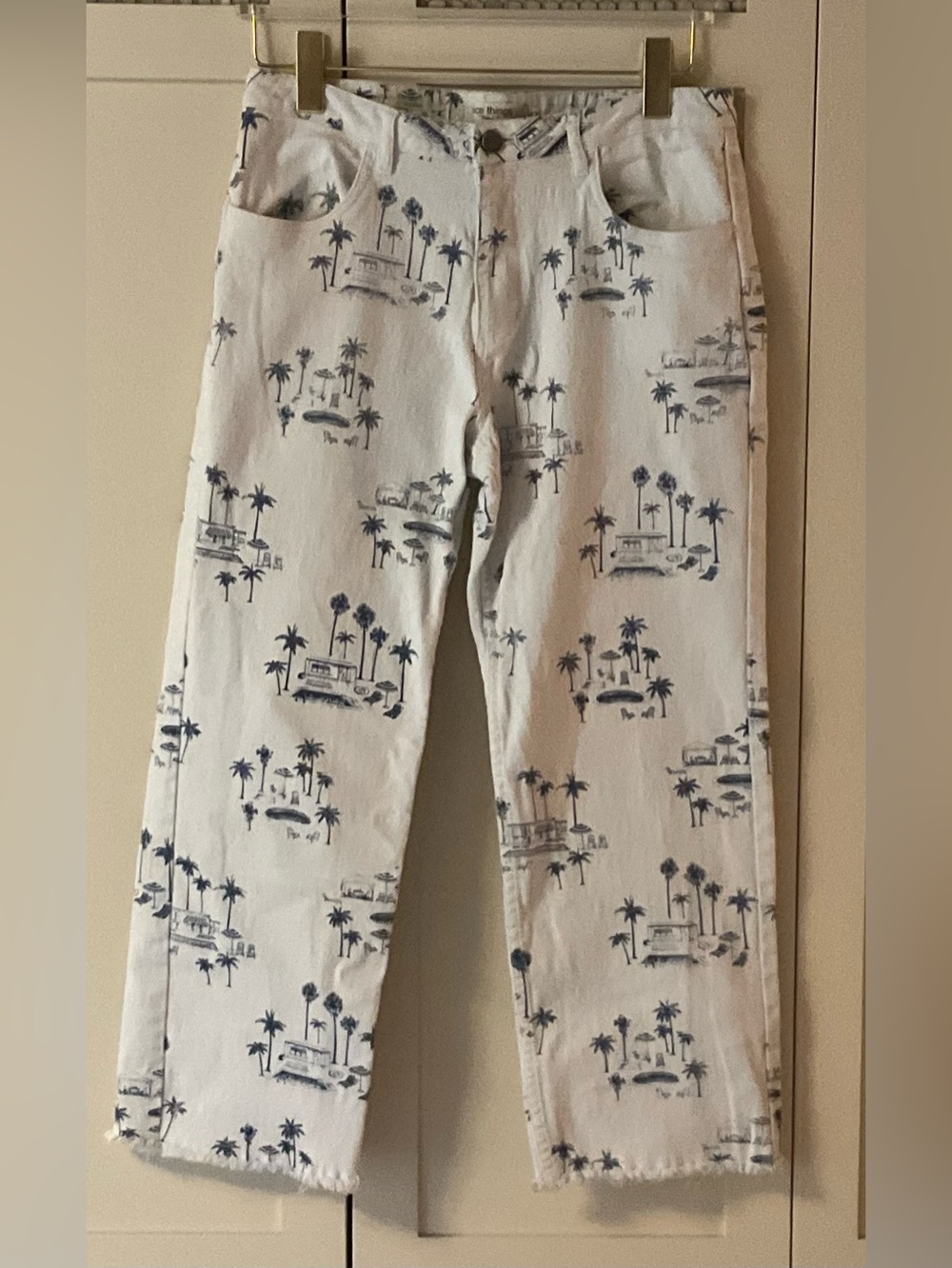 White Palm-Print Jean Pants